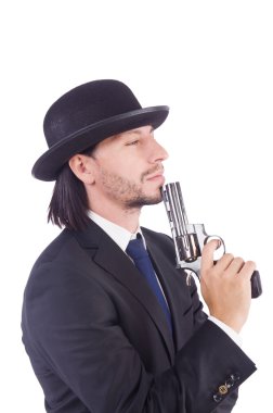 Silahlı bir adam beyazın üzerinde izole edilmiş.