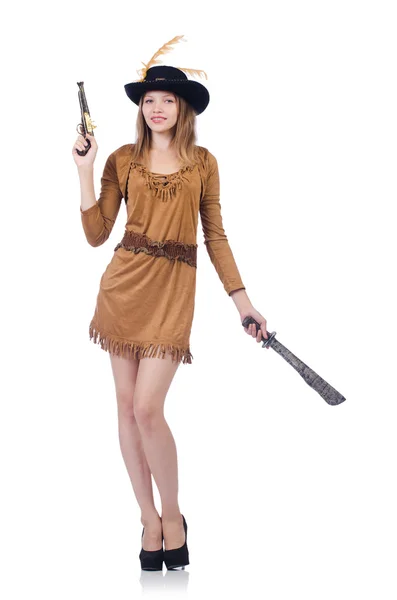 Woman pirate with knife isolated on white — Stock Photo, Image