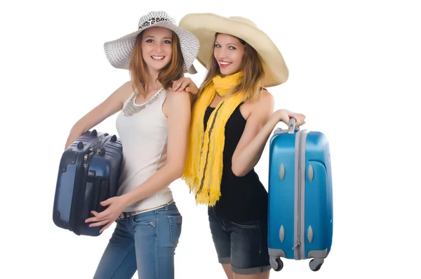 Vrouw gaat naar zomervakantie geïsoleerd op wit — Stockfoto