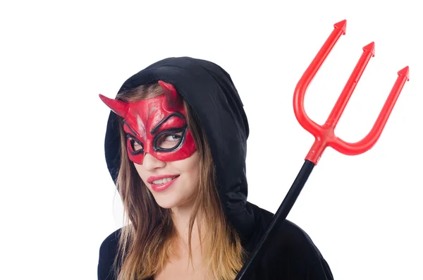 Woman devil with trident isolated on white — Stock Photo, Image