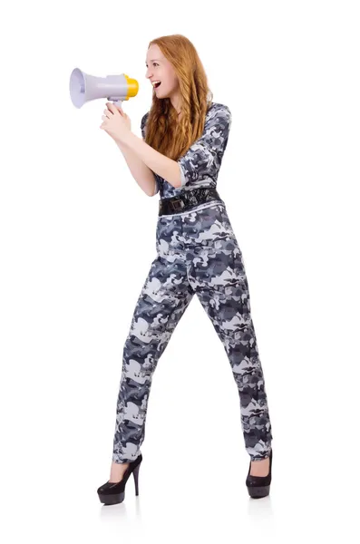 Redhead soldier with loudspeaker on white — Stock Photo, Image