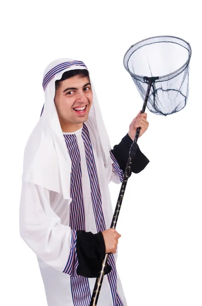 Arab businessman with catching net on white — Stock Photo, Image