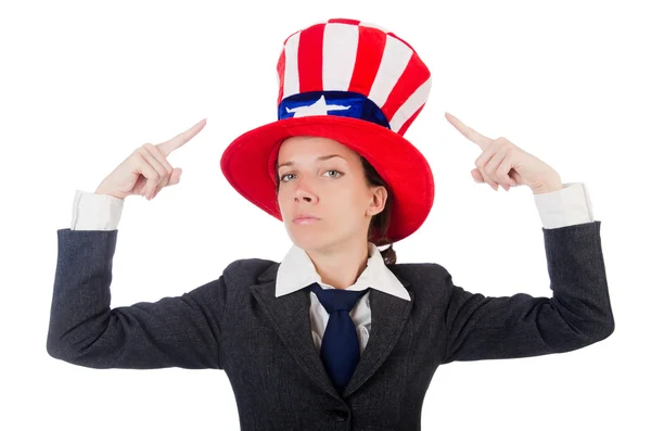 Young woman with american symbols on white — Stock Photo, Image