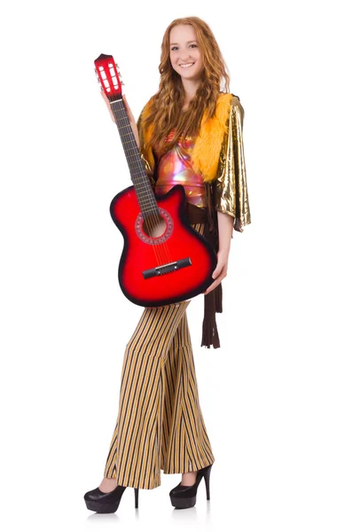 Chica joven con guitarra en blanco —  Fotos de Stock