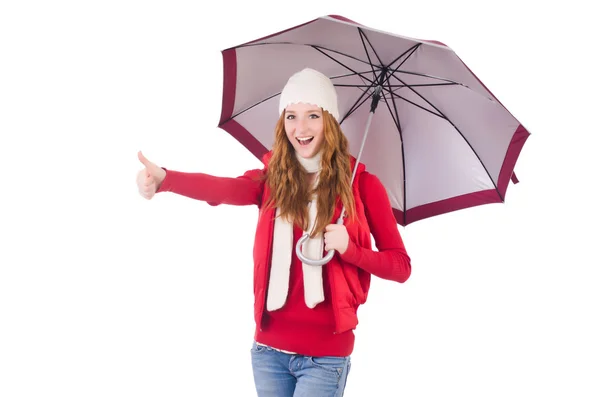 Junge Frau mit Regenschirm auf weißem Grund — Stockfoto