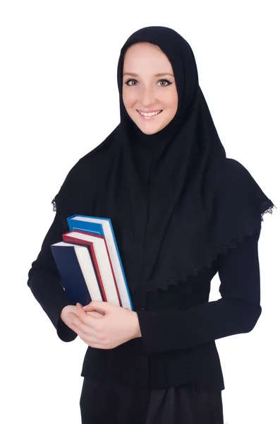 Jeune étudiant musulman avec des livres sur le blanc — Photo