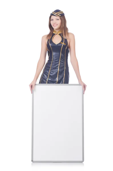 Young woman with blank board on white — Stock Photo, Image