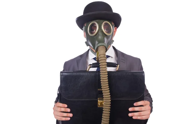 Businessman wearing gas mask isolated on white — Stock Photo, Image