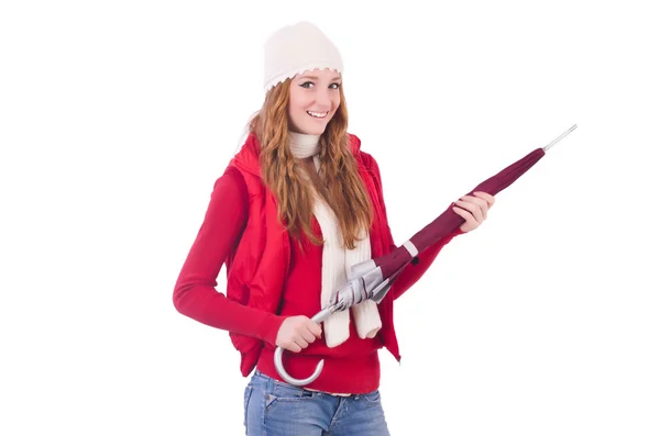 Young woman with umbrella on white — Stock Photo, Image