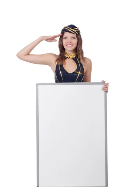 Fiatal nő üres táblával fehér — Stock Fotó
