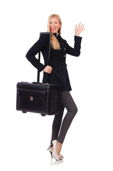 Businesswoman with travel suitcase on white — Stock Photo, Image