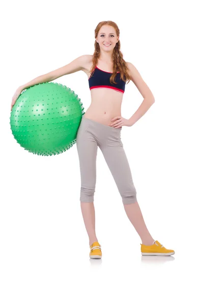 Mujer haciendo ejercicio con pelota suiza sobre blanco — Foto de Stock