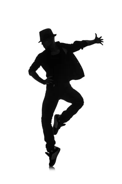 Силуэт мужского танцора, выделенный на белом — стоковое фото
