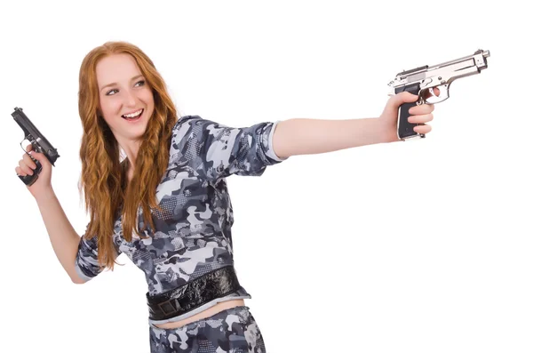 Young woman soldier with gun on white — Stock Photo, Image