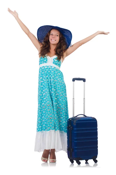 Mujer yendo a vacaciones de verano aislado en blanco — Foto de Stock