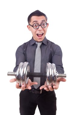 beyaz izole dumbbells ile komik iş adamı