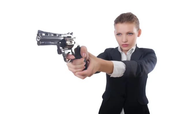 Mujer mujer de negocios con pistola en blanco — Foto de Stock