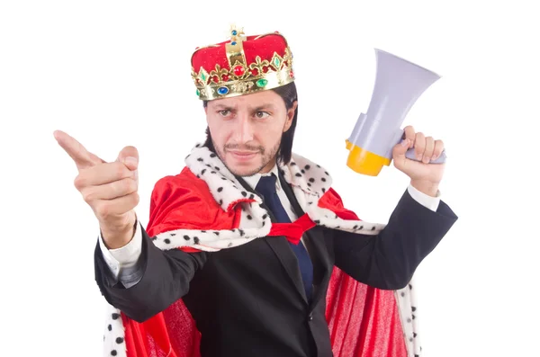 König Geschäftsmann mit Lautsprecher isoliert auf weiß — Stockfoto