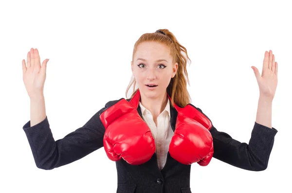 Mulher empresária com luvas de boxe em branco — Fotografia de Stock