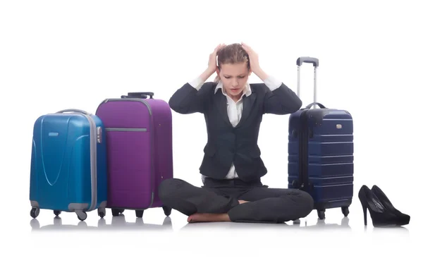 Woman preparing for vacation with suitcase on white — Stock Photo, Image
