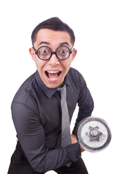 Hombre de negocios divertido con mancuernas aisladas en blanco —  Fotos de Stock