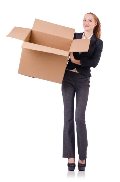 Mujer mujer de negocios con cajas en blanco — Foto de Stock