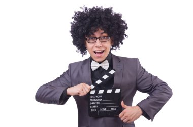 Sinema alkışları olan adam beyazda izole edilmiş.