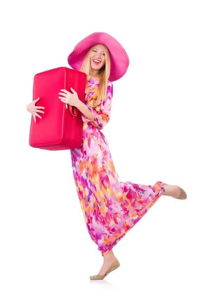 Mujer yendo a vacaciones de verano aislado en blanco — Foto de Stock