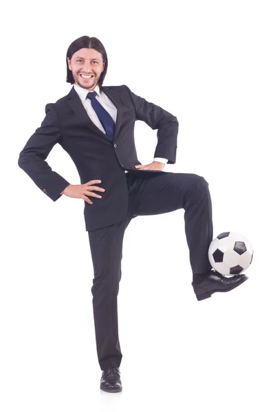 Homem com futebol isolado em branco — Fotografia de Stock