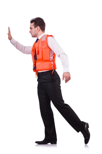 Man in life jacket isolated on white — Stock Photo, Image