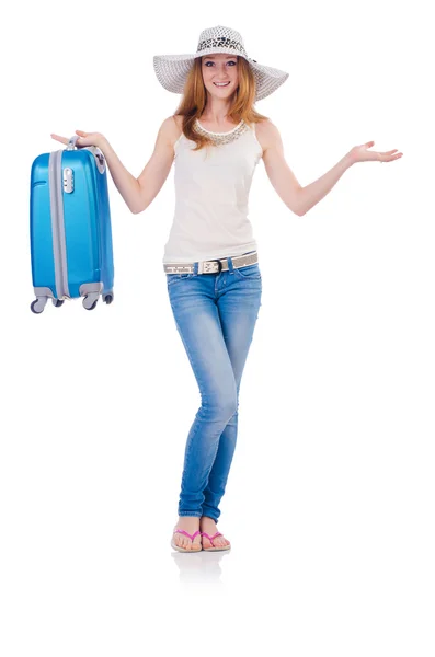 Mujer yendo a vacaciones de verano aislado en blanco —  Fotos de Stock