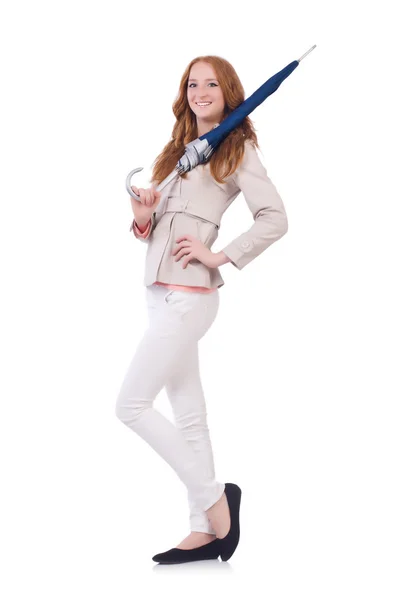 Young woman with umbrella on white — Stock Photo, Image