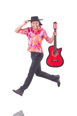 gitar üzerinde beyaz izole olan adam