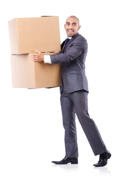 Podnikatel s box izolovaných na bílém — Stock fotografie