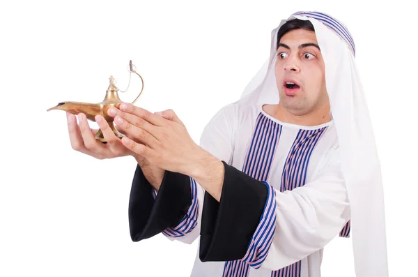Арабский человек с лампой изолированы на белом — стоковое фото