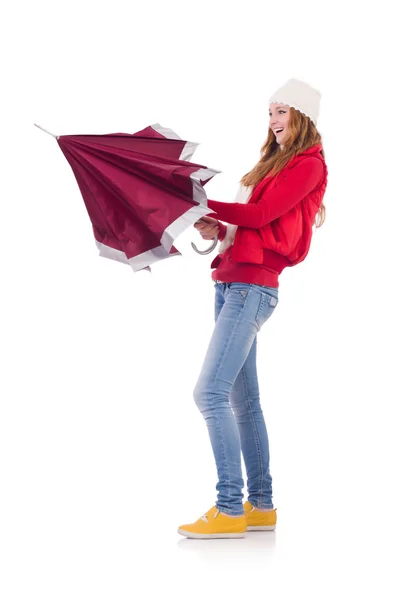 Young woman with umbrella on white — Stock Photo, Image