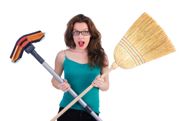 Giovane casalinga fare le pulizie su bianco — Foto Stock