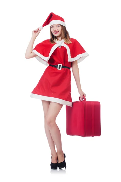 Giovane donna in costume da Babbo Natale rosso con valigia — Foto Stock