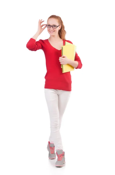 Joven estudiante con libros sobre blanco — Foto de Stock