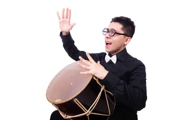 Uomo divertente con tamburo su bianco — Foto Stock