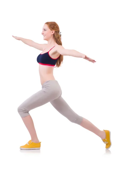 Young woman doing exercises on white — Stock Photo, Image