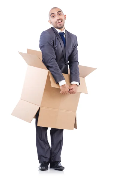 Businessman with box isolated on the white — Stock Photo, Image