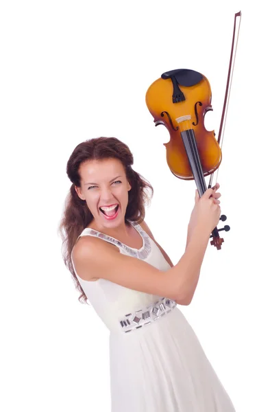 Chica joven con violín en blanco —  Fotos de Stock