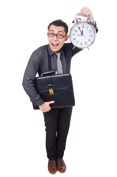 Roliga affärsman med klocka isolerad på vit — Stockfoto