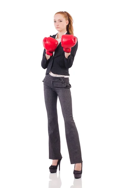 Mujer mujer de negocios con guantes de boxeo en blanco —  Fotos de Stock
