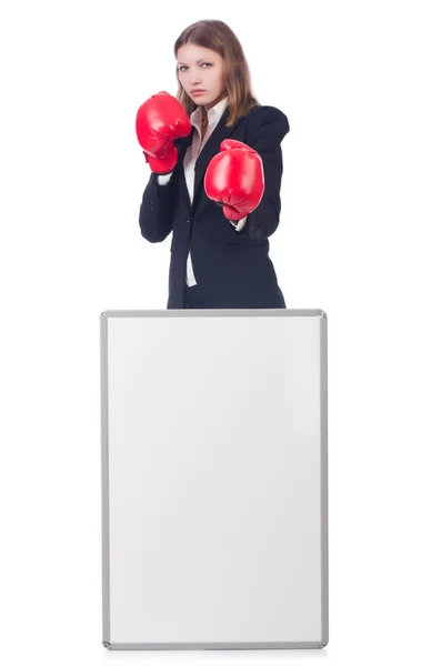 Boxer femme avec tableau blanc sur blanc — Photo