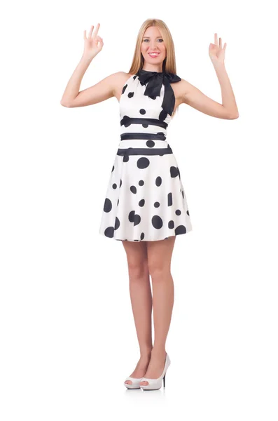 Tall model dressed in dress with polka dosts on white — Stock Photo, Image