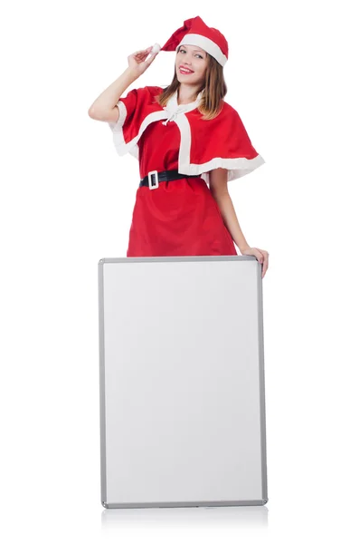 Jovem mulher no vermelho santa traje no branco — Fotografia de Stock