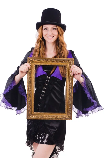 Woman with picture frame on white — Stock Photo, Image