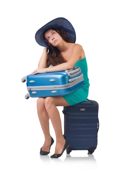 Mujer yendo a vacaciones de verano aislado en blanco — Foto de Stock